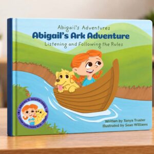 Cover mockup of “Abigail’s Ark Adventure” by Tonya Truster, a children’s picture book showing Abigail and her dog riding in a wooden boat, inspired by the story of Noah’s Ark
