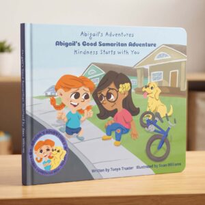 Cover mockup of “Abigail’s Good Samaritan Adventure: Kindness Starts with You” by Tonya Truster, a children’s picture book showing Abigail walking with a friend and her dog in a neighborhood